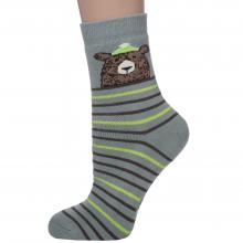 Детские махровые носки Mark Formelle рис. 1113, ОЛИВКОВЫЕ с зелеными полосками