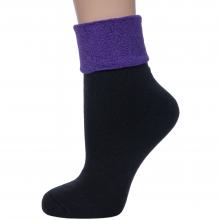 Женские махровые носки без резинки VASILINA ЧЕРНЫЕ с фиолетовым отворотом