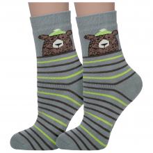 Комплект из 2 пар детских махровых носков Mark Formelle рис. 1113, ОЛИВКОВЫЕ с зелеными полосками