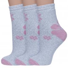 Комплект из 3 пар женских махровых носков Альтаир СВЕТЛО-СЕРЫЕ с розовыми цветами