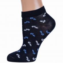 Женские короткие носки из мерсеризованного хлопка LORENZline ТЕМНО-СИНИЕ с голубыми и белыми якорями